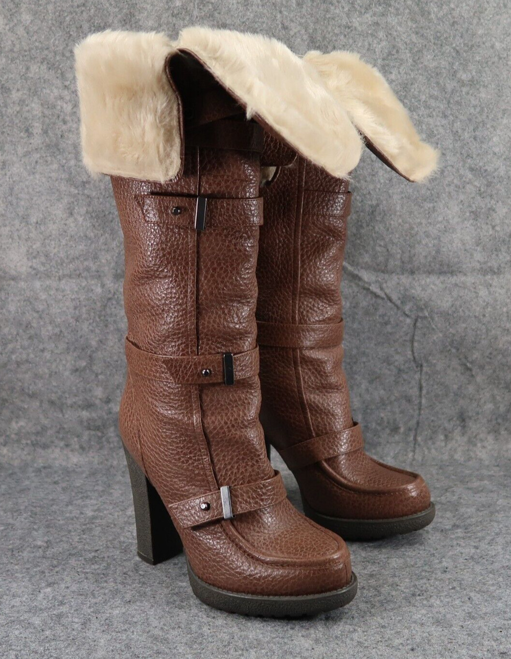 Luxury Rebel Shoes Womens 37 Boots Penelope Knee High Heel Leather Fold Over Fur
